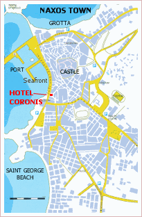 Naxos Town map and the location of Hotel Coronis